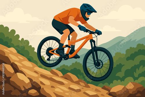 Biker rides on rocky trail in mountain landscape during daylight hours in outdoor setting