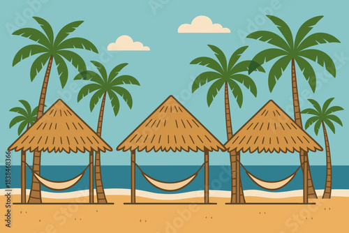 Hammocks under palm trees along the beach with ocean view and clouds in the background during bright day