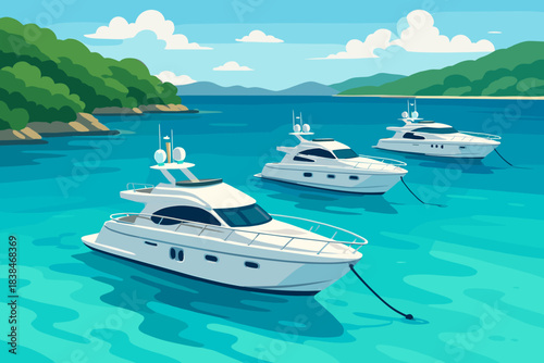 Boats float in blue water near green islands on a bright sunny day in a coastal setting