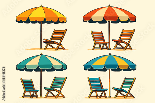Beach umbrellas and lounge chairs arranged in four sections for relaxation under the sun