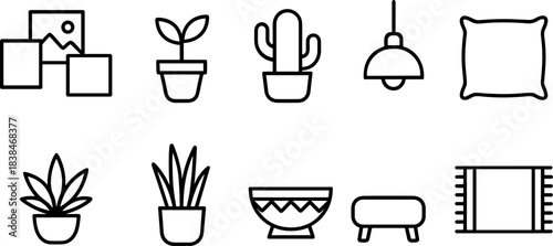 Home decor and interior elements icon set. Furniture, plants, frames, lamp, shelves outline symbols