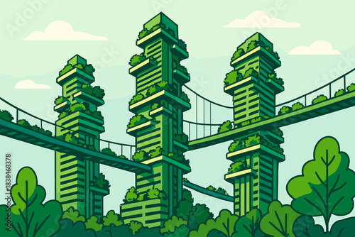 Cityscape with green skyscrapers and bridges surrounded by trees under a light sky
