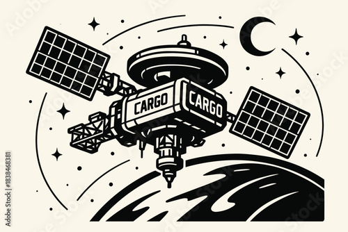Cargo spaceship orbits planet under a starry sky with distinct solar panels at night