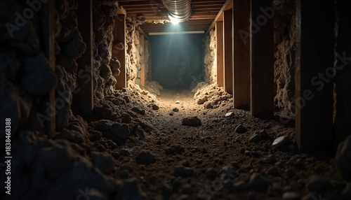 Dark crawl space with exposed insulation and dirt floor. Wooden beams and framework are visible. Light shines from ventilation pipe above. Cramped and dusty area with rocky ground.