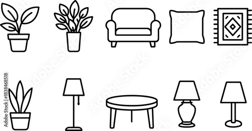 Home decor and interior elements icon set. Furniture, plants, frames, lamp, shelves outline symbols