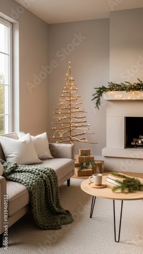 Cozy living room with a white christmas tree, fireplace, and festive decorations