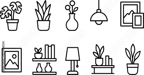 Home decor and interior elements icon set. Furniture, plants, frames, lamp, shelves outline symbols