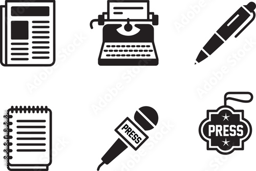 Journalism and news media icons set including newspaper typewriter pen notebook microphone press badge
