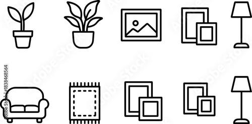 Home decor and interior elements icon set. Furniture, plants, frames, lamp, shelves outline symbols