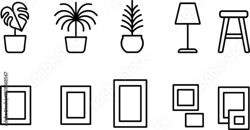 Home decor and interior elements icon set. Furniture, plants, frames, lamp, shelves outline symbols