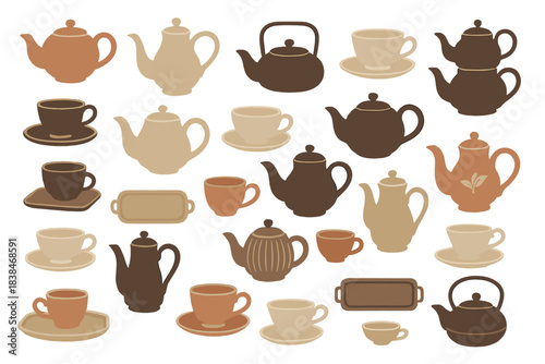 Collection of teapots and cups arranged on a white background showcasing different shapes and sizes of tea vessels at a craft fair