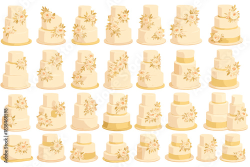 Many wedding cakes with flowers and designs displayed on a white background in a group setting