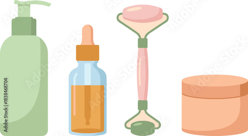 Skincare products vector illustration set of cosmetic oil cream and face roller