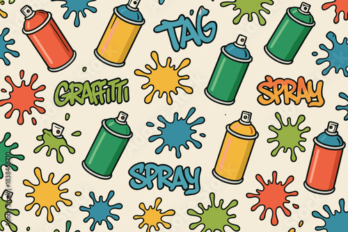 Colorful spray cans with graffiti tags and splatters on a light background