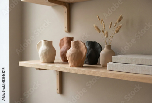 Vases and books on a wooden shelf with dried plants on a beige background