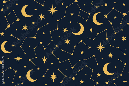 Stars and moons create a night sky pattern with constellations, shining against a dark background