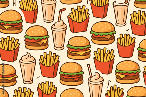 Pattern of food items on a light background with burgers, fries, and shakes in a fun layout