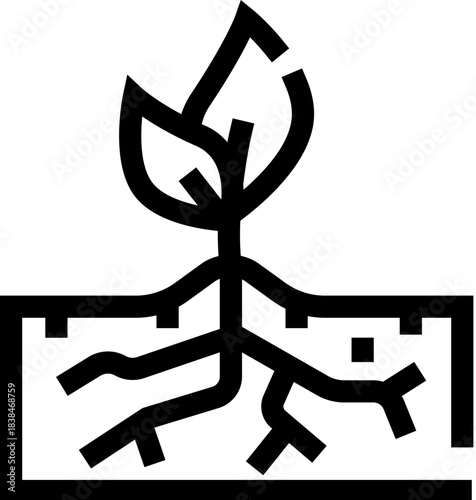 Plant seedling growing roots in soil line illustration