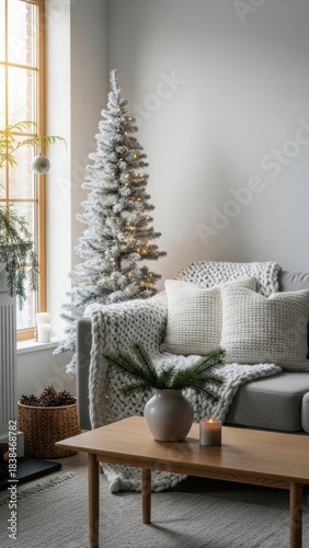 Cozy living room with a small white christmas tree and gray furniture