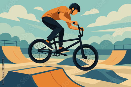 BMX rider performs tricks in a skate park during the afternoon on a sunny day with blue skies
