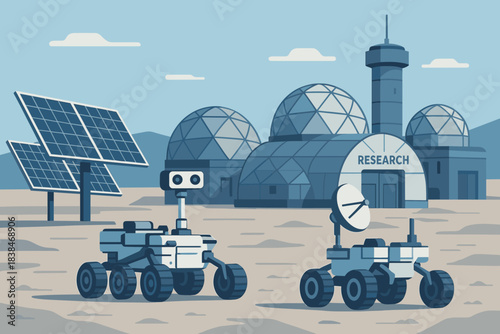 Robots explore a research facility on another planet with solar panels and dome structures