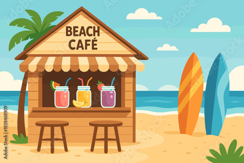 Beach cafe serves drinks on sandy shore near colorful surfboards under clear sky