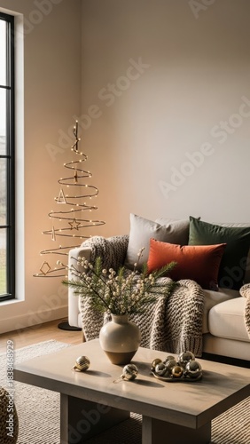 Cozy living room with a christmas tree, cushions, and a wooden coffee table