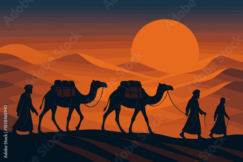 Camels walk through desert with travelers at sunset among sand dunes and hills in the background