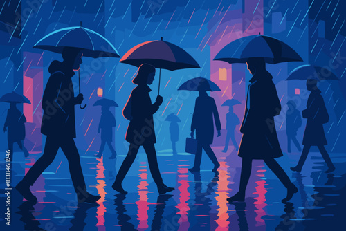 People walk under umbrellas in the rain on a city street during the night with reflections on wet pavement
