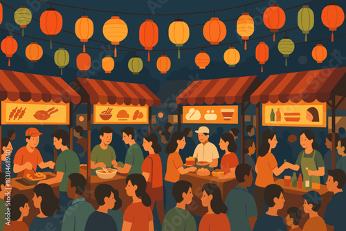 Night market with food stalls and lanterns crowded with people enjoying different dishes and activities