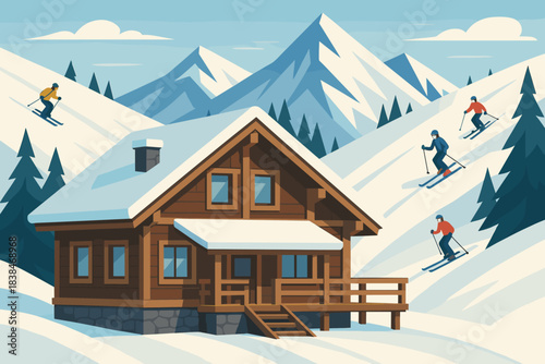 Snowy mountain scene with skiers and a wooden cabin in winter landscape