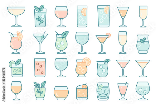 Drink selection with different types of glasses and cocktails in various colors and styles on a white background