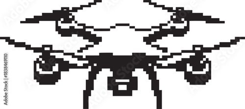 Pixel art style unmanned aerial vehicle drone with camera for photography and videography