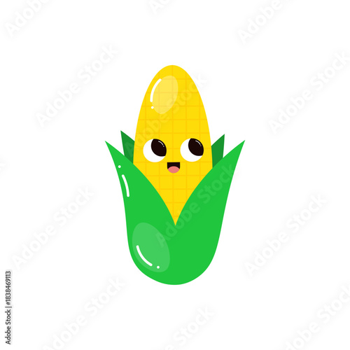 Cute corn isolated on white background. Vegetables . Groovy style. Childish characters.Design elements for kids materials,books, healthy food, posters,  and farm posters. Vector illustration.