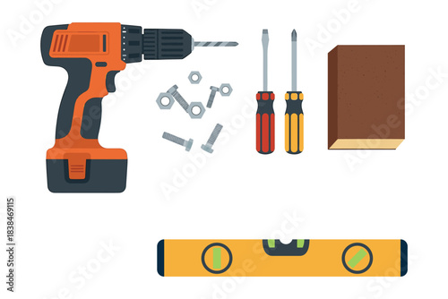 Home repair tools vector illustration set with drill screwdrivers level bolts wood
