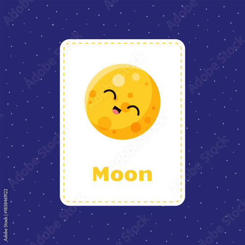Solar system flashcard for kids isolated on dark blue background. Moon.Educational material for kindergardens and schools.English language game with cute solar system planets. Vector illustration. 