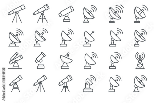 Various types of telescopes and satellite dishes arranged in a grid to show different designs and uses for observing and communication activities
