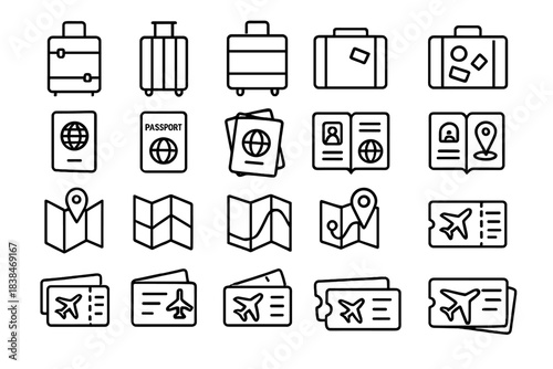Collection of travel icons showing bags, passports, maps, and tickets for planning trips and adventures around the world