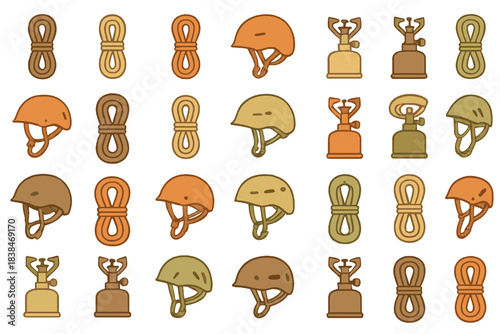 Collection of helmets and ropes arranged in a grid pattern showing different designs and colors