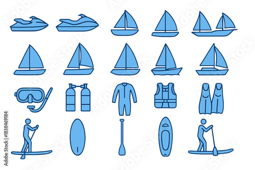 Different water activities and equipment are displayed in a simple drawing showing various boats, paddle boards, and diving gear for fun on the water