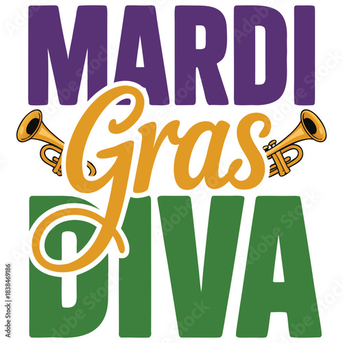 Mardi Gras Diva with Trumpets  T-Shirt Design