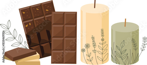 A collection of chocolate bars and scented candles with botanical accents ideal for relaxation and self-care on transparent background
