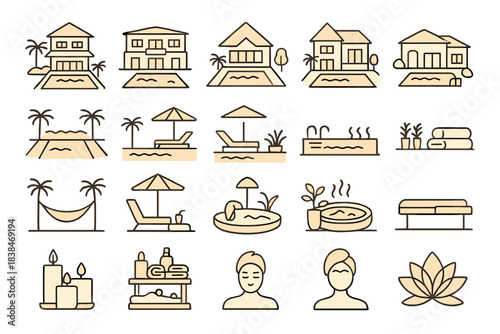 Different types of houses, pools, and relaxation spots shown in a simple line art format for leisure activities in a sunny location