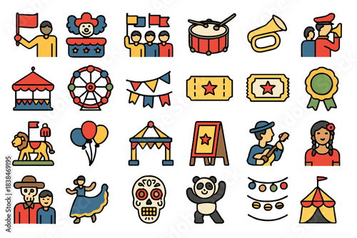 Colorful icons show fun activities and attractions at a local carnival or festival with games, performances, and entertainment