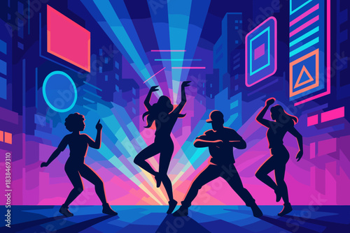 Dance party in colorful city background with silhouettes enjoying the night scene with bright neon lights illuminating the surroundings