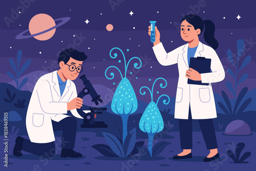 Scientists explore alien plants in a distant galaxy under a starry sky with a ringed planet