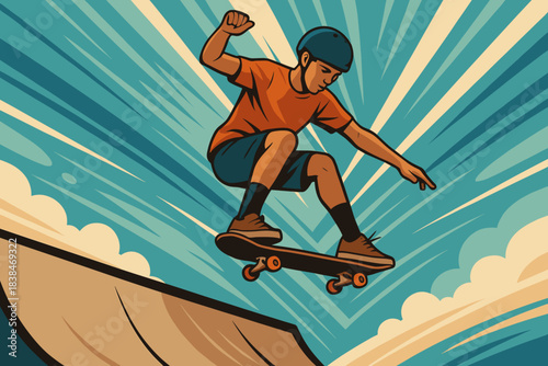 Skater performs a trick in a skatepark under a bright sky during the afternoon hours