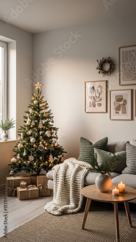 Cozy living room with a decorated christmas tree and festive decorations