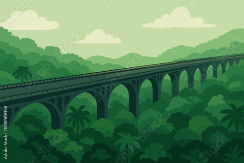 Train travels over a green bridge in the jungle during daylight hours with clouds in the sky
