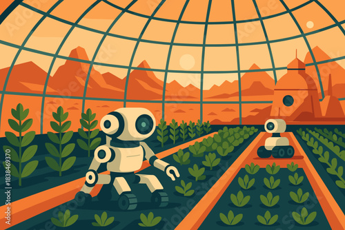 Farm robots work in a greenhouse with plants under an orange sky near mountains during the day